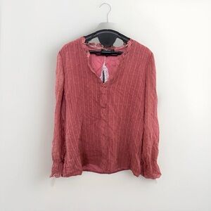 Jollycode Top Small Pink Rose Long Sleeve Boho Peasant Blouse Shirt